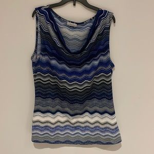 Blue, gray, and white top